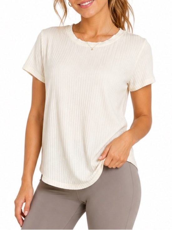 ALO Yoga Tops - Alo Yoga Ribbed Sea Coast Short Sleeve Tee Athletic Crew Neck Size XS Ivory